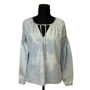 Garance Paris Tencel Cotton Chambray Peasant Blouse Small Blue Tie Neck Boho